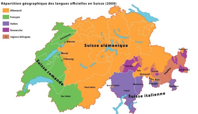 Carte langues parlés en Suisse par cantons