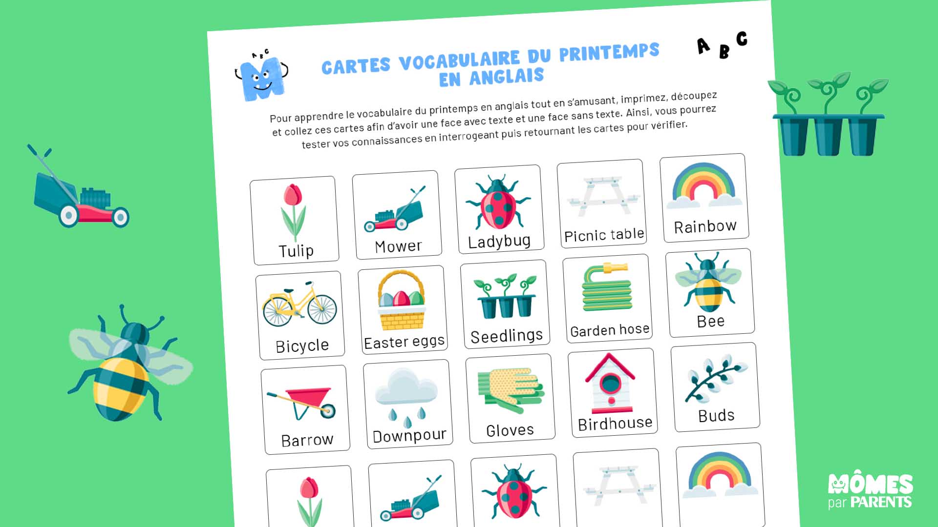 Fiche à imprimer Mots du printemps en anglais MOMES