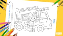 Coloriage petit pompier devant son camion