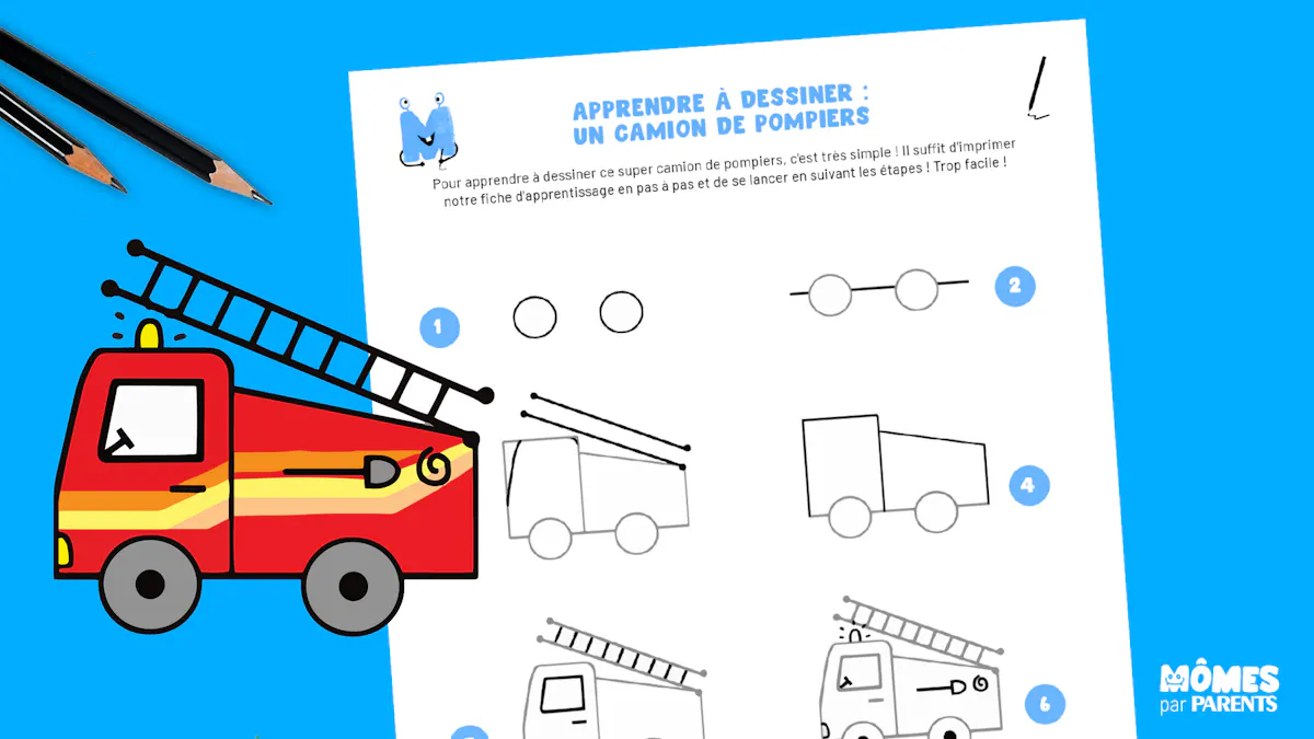 Apprendre à dessiner un camion de pompier en pas à pas | MOMES