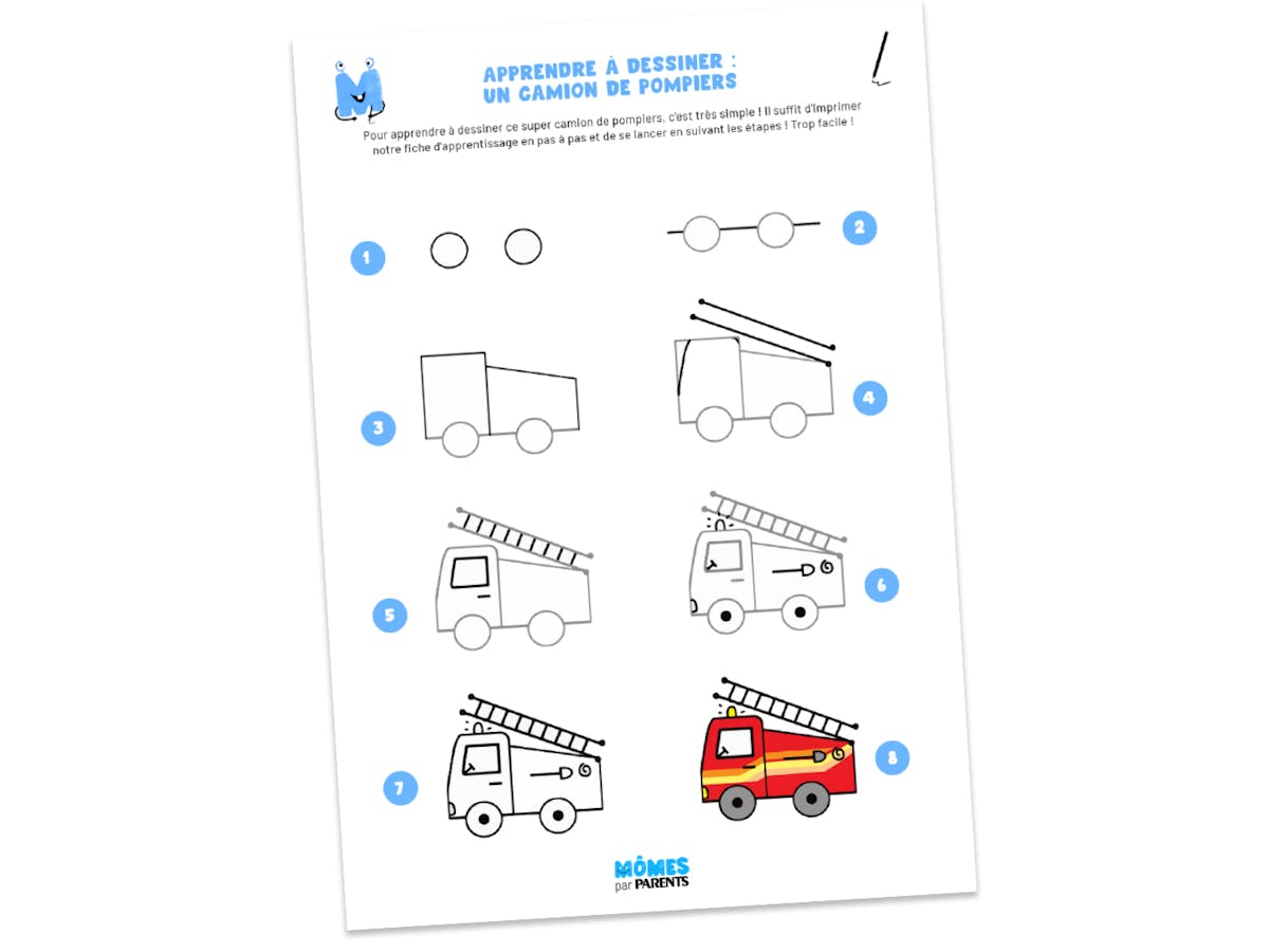 Fiche à imprimer - Apprendre à dessiner : un camion de pompiers