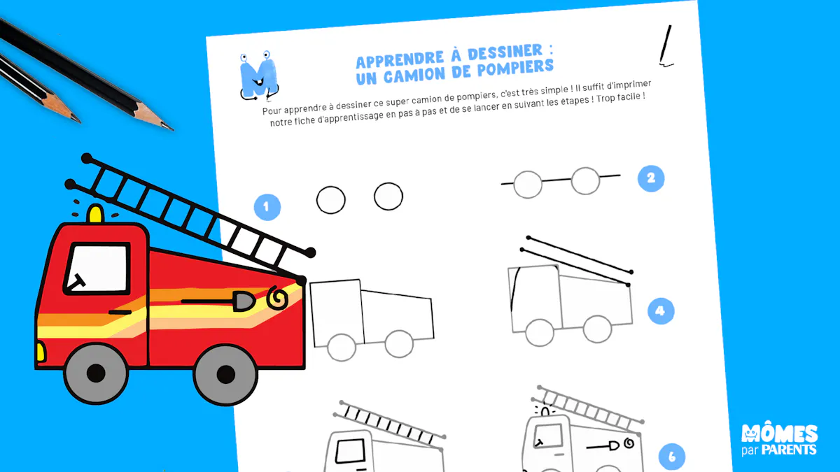Apprendre à dessiner un camion de pompier en pas à pas | MOMES