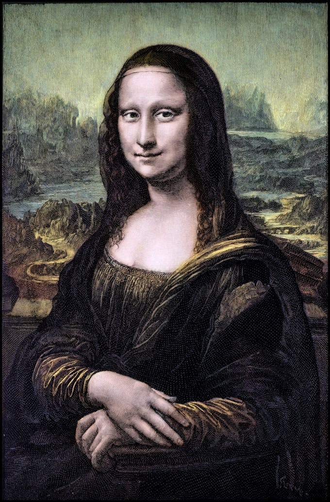 Gravure colorisée de la Joconde de Léonard de Vinci
