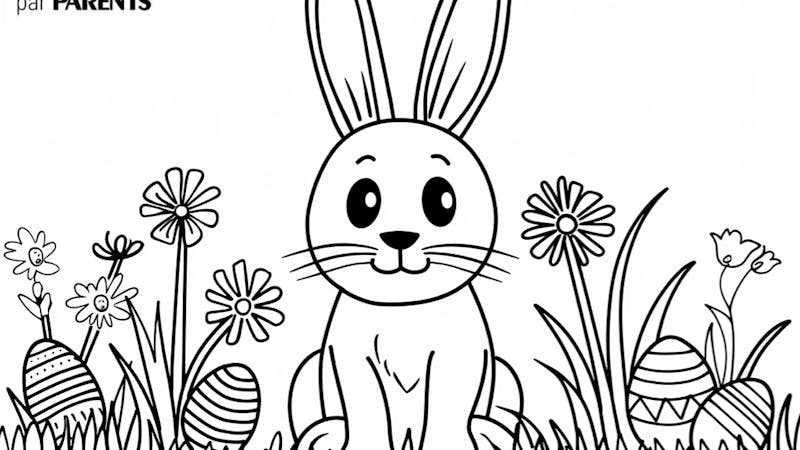 Coloriage - Le lapin de Pâques et ses œufs cachés